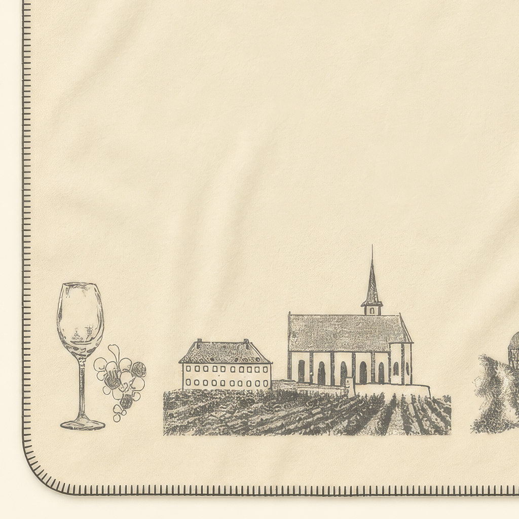 Kolter Decke mit Wein, Gläsern, Kirche und Fachwerkhäusern.