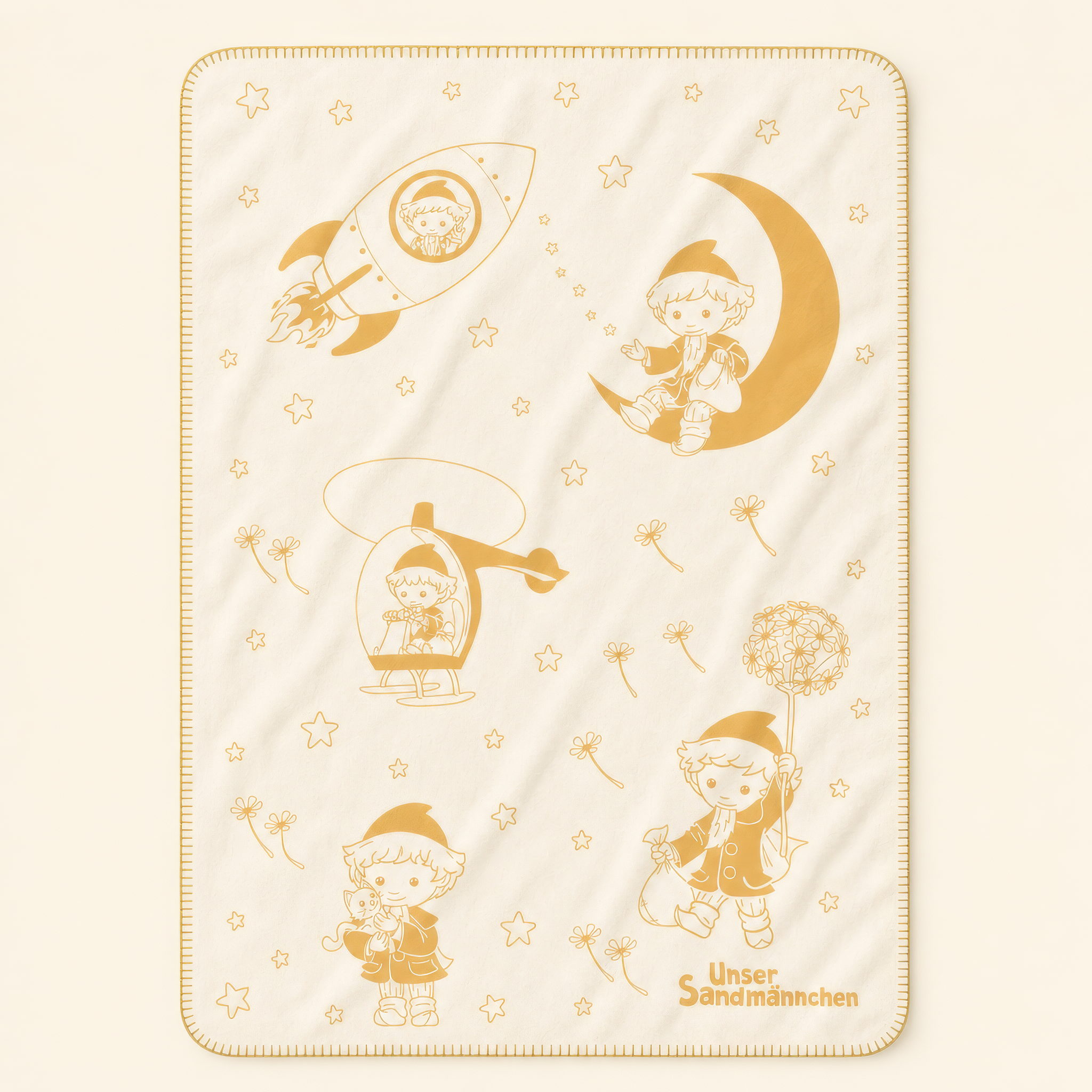 Kolter Decke mit Sandmännchen Mond, Rakete, Hubschrauber und Sternen.