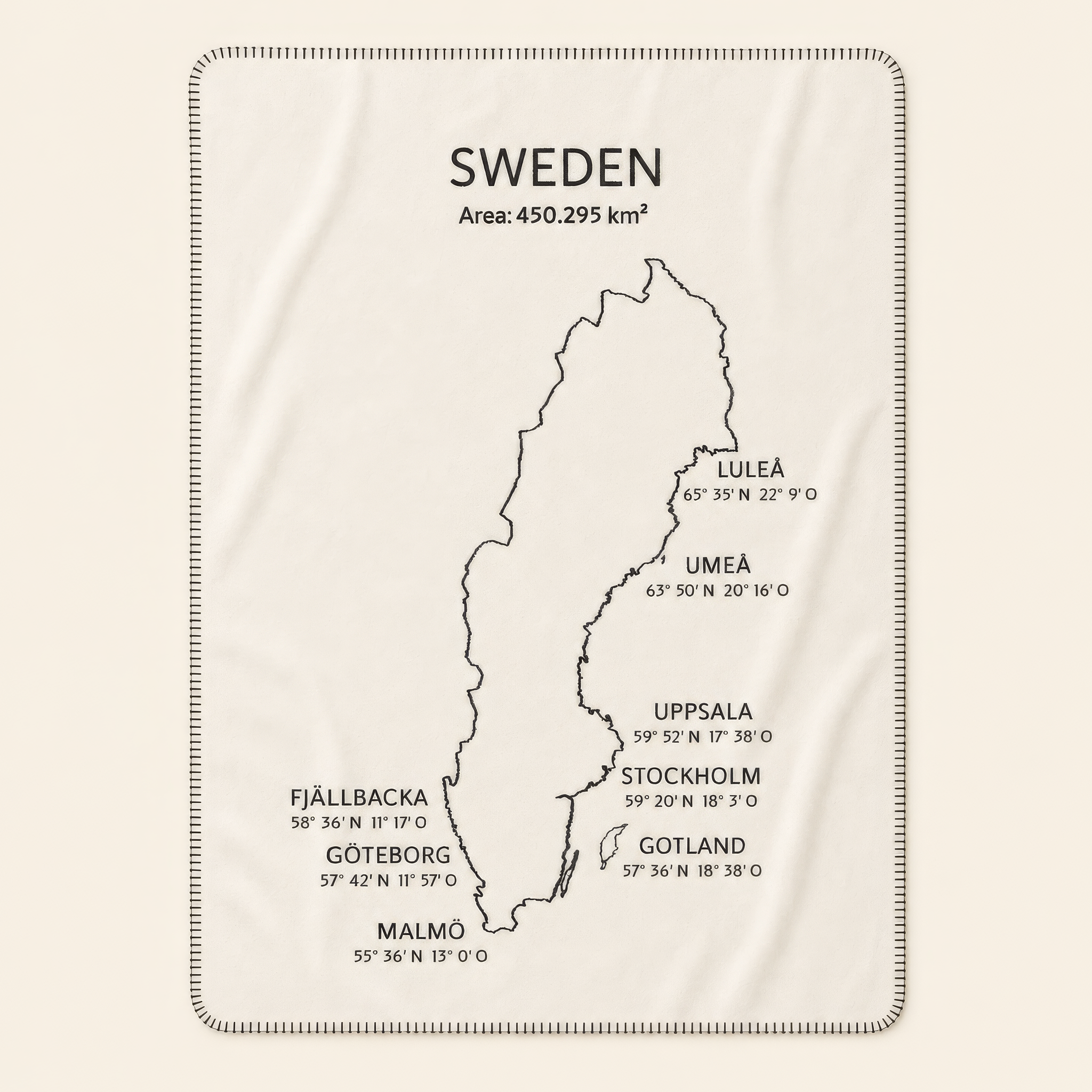 Kolter Decke mit Umrisskarte von Schweden und Städtenamen.