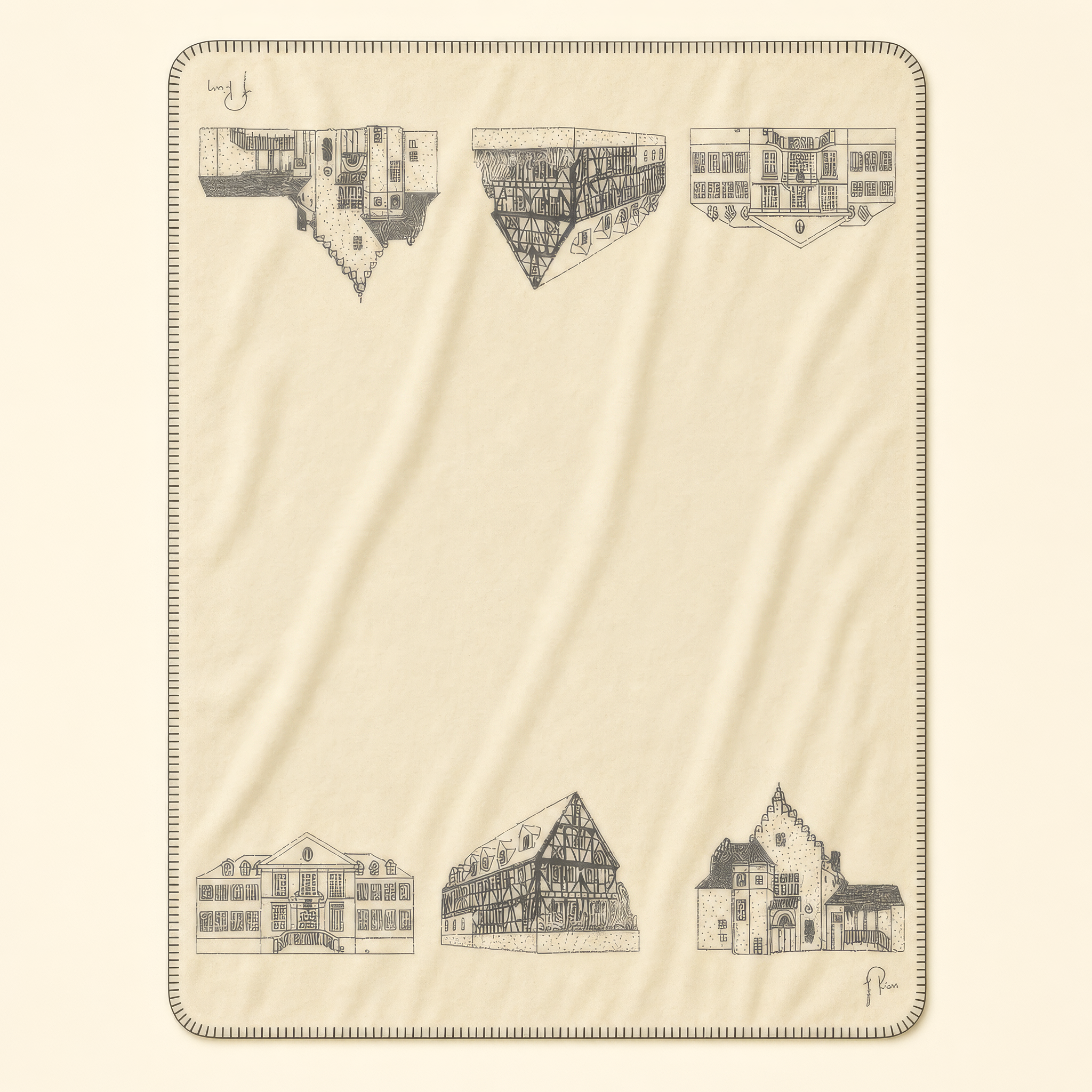Kolter Decke mit historischen Fachwerkgebäuden und Architekturelementen.