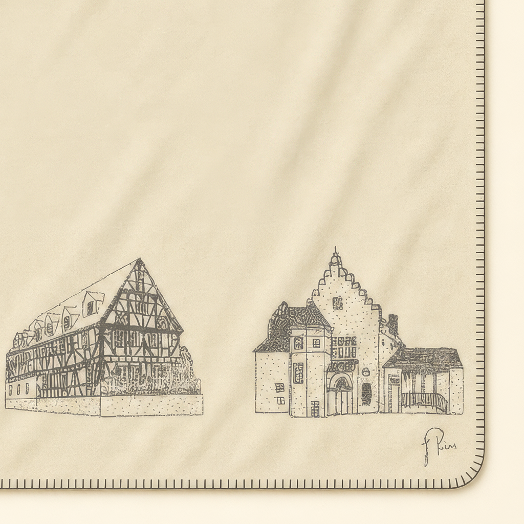 Kolter Decke mit historischen Fachwerkgebäuden und Architekturelementen.