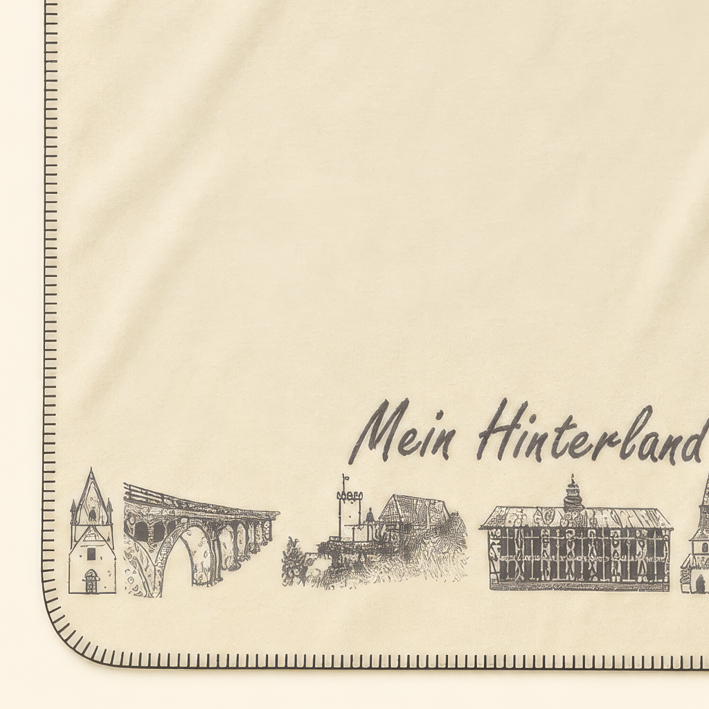 Kolter Decke mit historischen Gebäudeillustrationen und "Mein Hinterland" Schriftzug