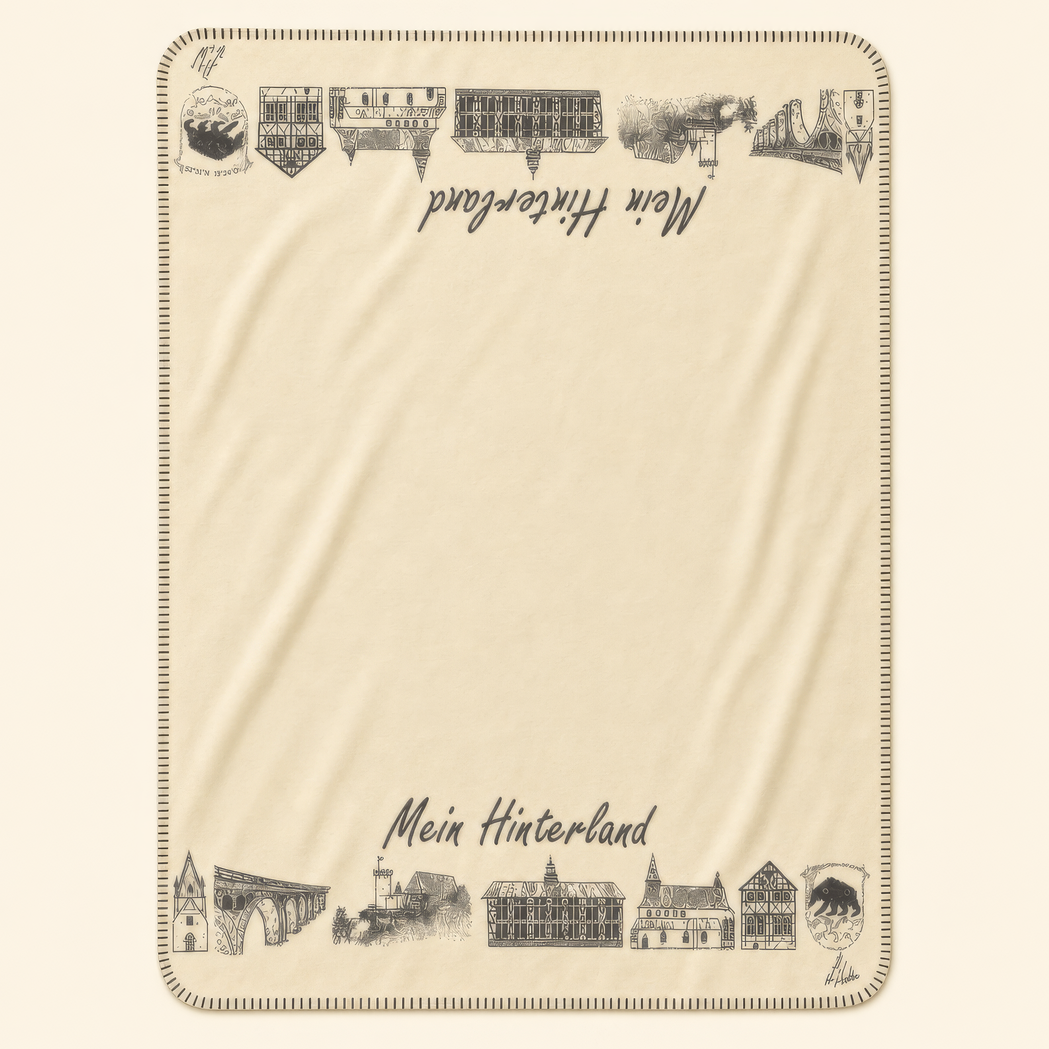 Kolter Decke mit historischen Gebäudeillustrationen und "Mein Hinterland" Schriftzug