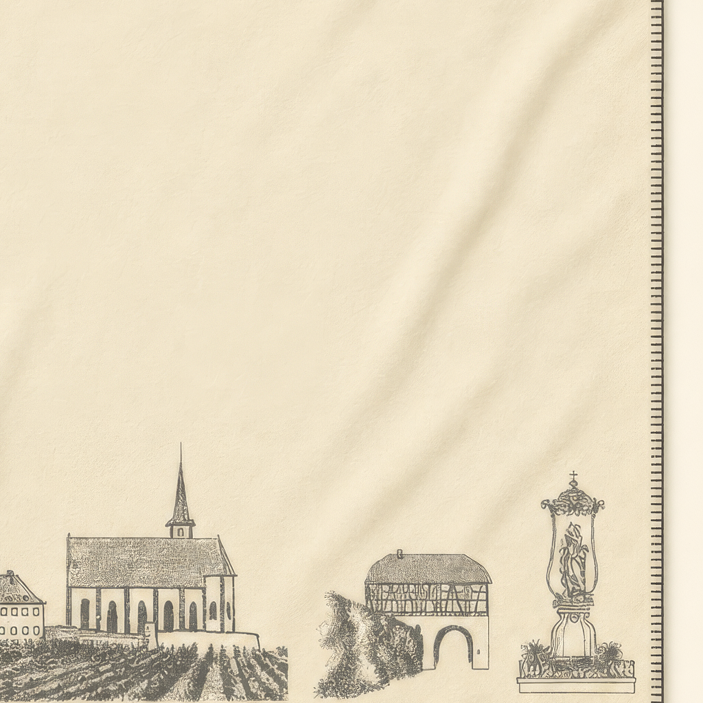 Kolter Decke mit Wein, Gläsern, Kirche und Fachwerkhäusern.
