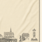 Kolter Decke mit Wein, Gläsern, Kirche und Fachwerkhäusern.