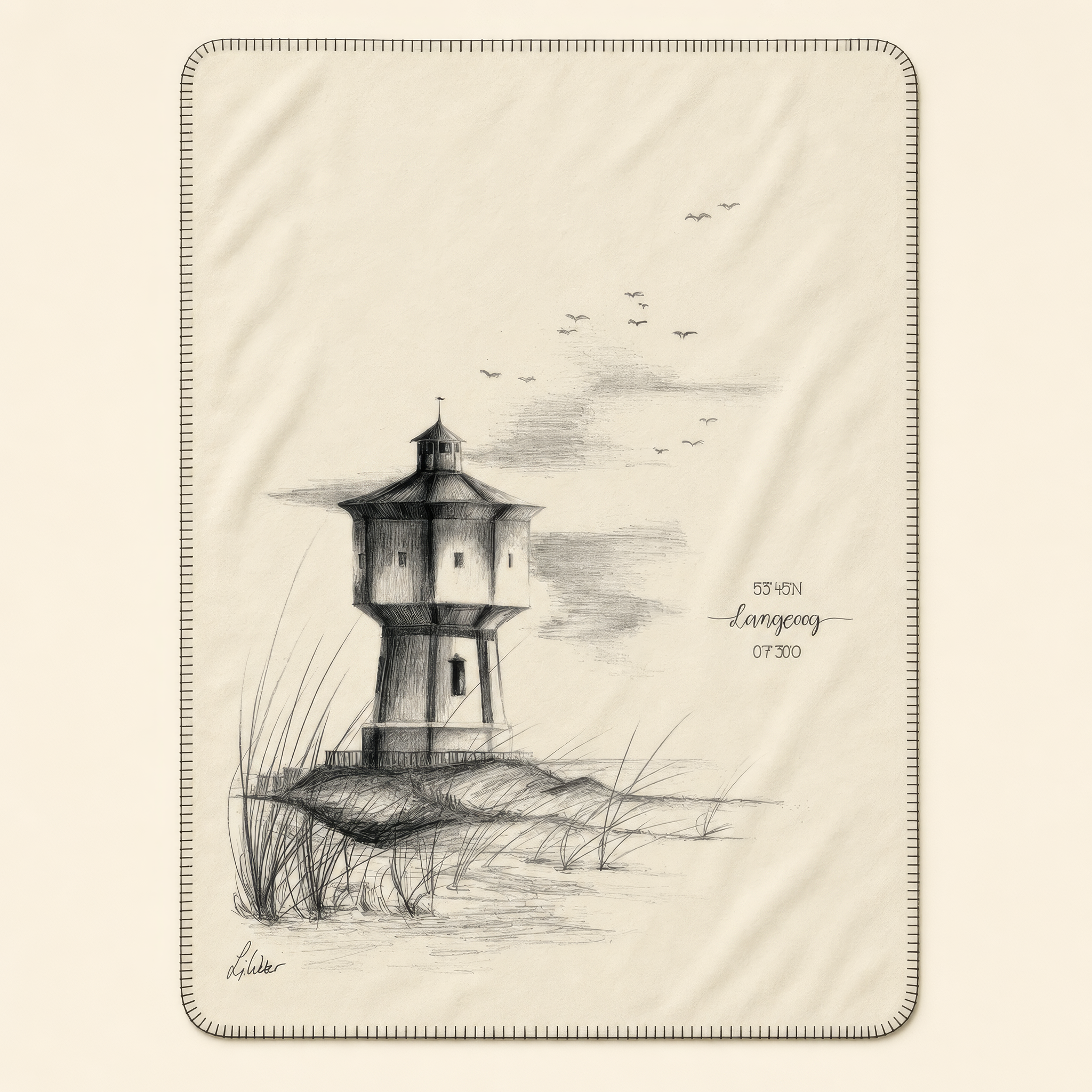 Kolter Decke mit Wasserturm, Möwen und Gräsern.