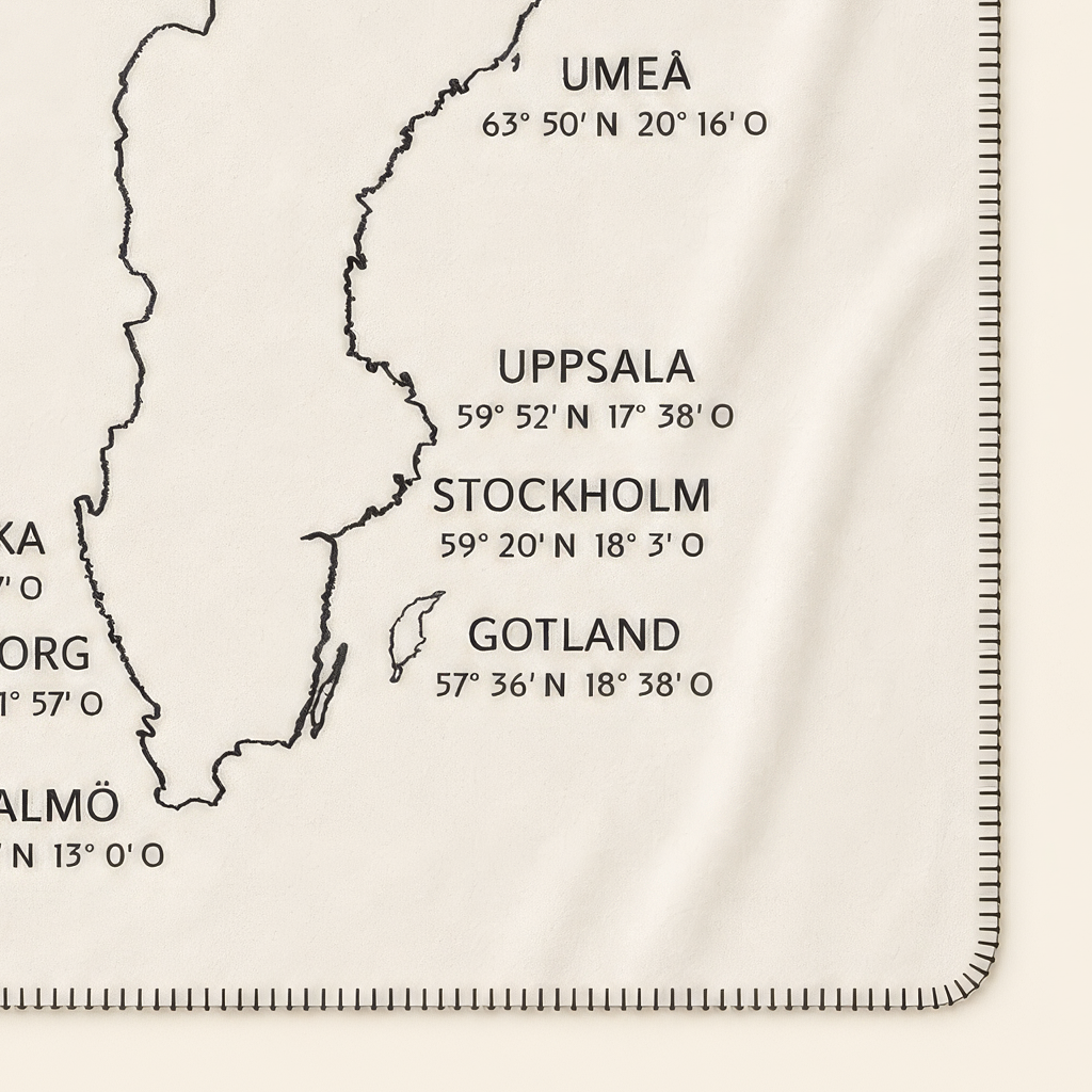 Kolter Decke mit Umrisskarte von Schweden und Städtenamen.