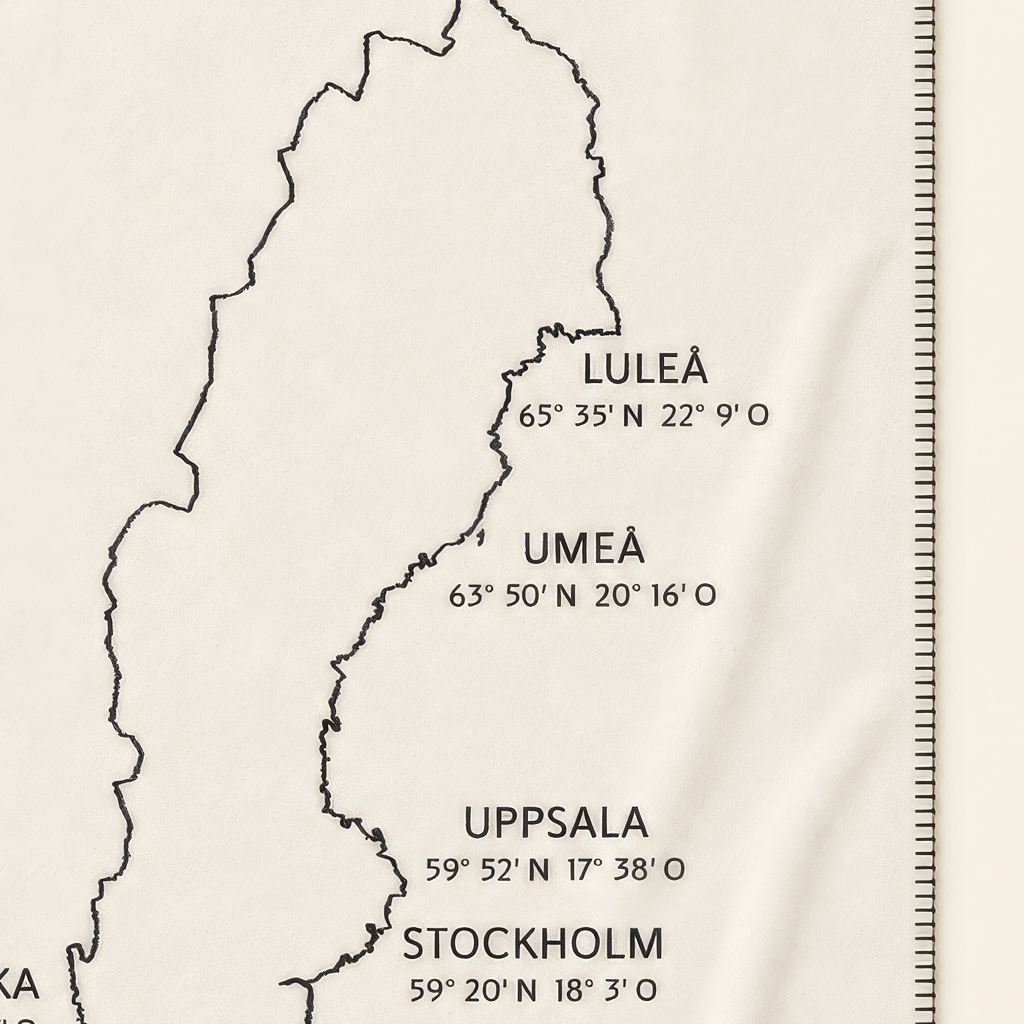 Kolter Decke mit Umrisskarte von Schweden und Städtenamen.